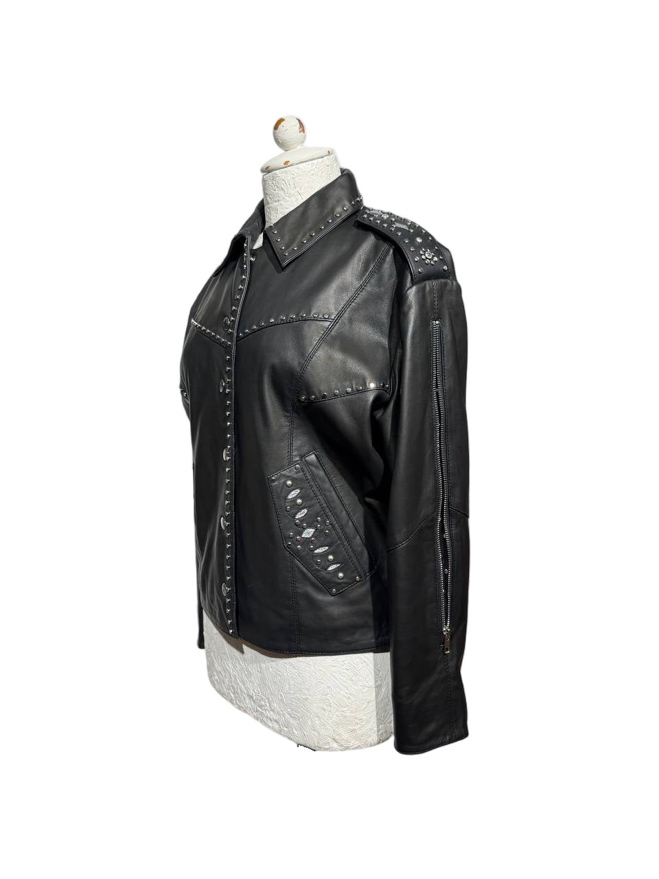 GIACCA PELLE BORCHIE PANTERA NERA MAJE Tg 40